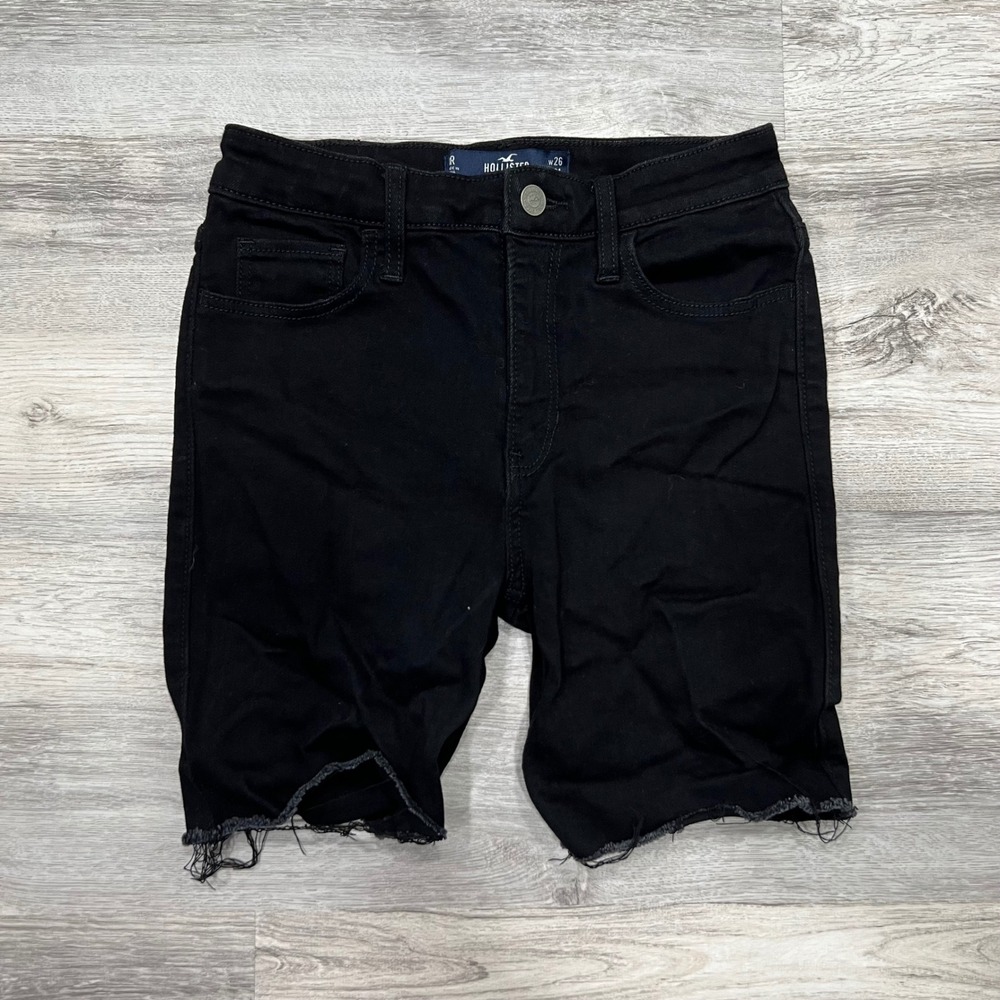 Hollister Black Denim‎ Shorts High-Rise Flare Frayed Hem Womens Size 26